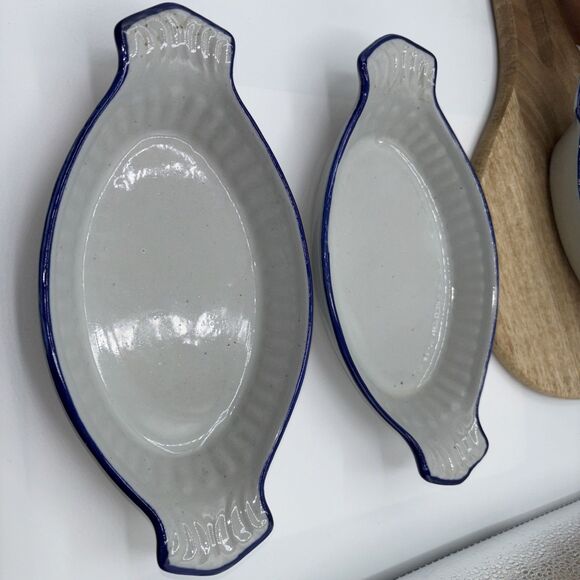 4 Vtg Blue Trim & Gray Speckled eared gratin dishes Preowned - Picture 5 of 7